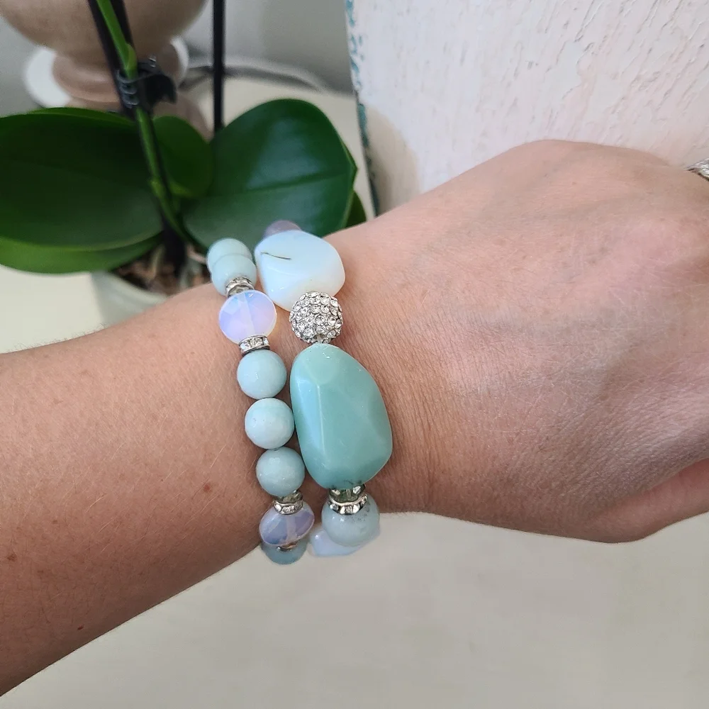 Seafoam Beaded Stretch Bracelet Set - Elegant Aqua and White
